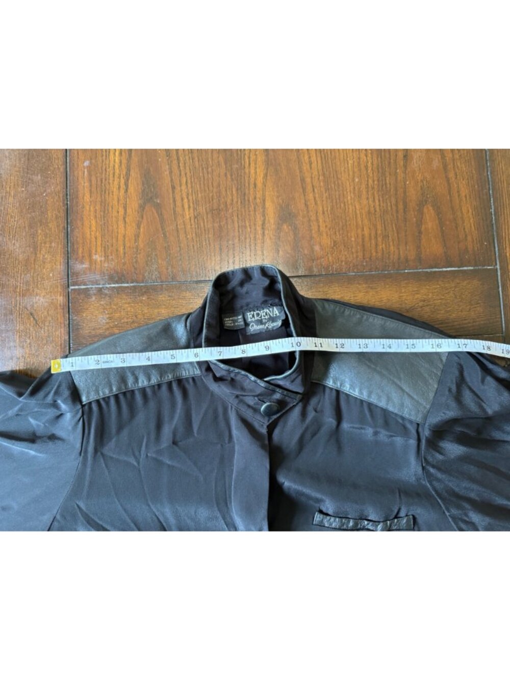 Vintage Erena By Irene Koenig Black Blouse Leather Trim Peplum Size 6 - Picture 11 of 12